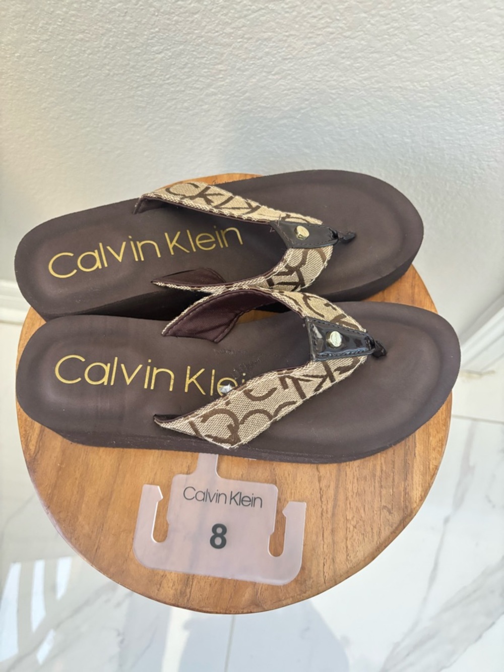 Calvin Klein Brown Logo Canvas Wedge Thong flip flop Sandals platform NWT - Picture 10 of 12
